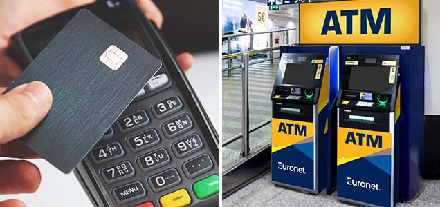 An image of a credit card on a POS machine and two Euronet ATMs