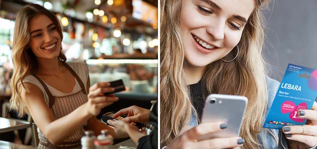 An image of a woman paying at a retailer next to an image of a woman redeeming a gift card on her smartphone