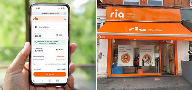 An image of the Ria Money Transfer app next to an image of a Ria Money Transfer physical location